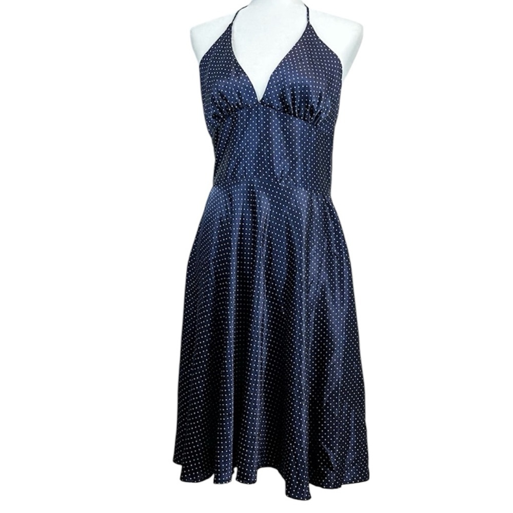 Alyn Paige Navy Satin Polka Dot Halter Dress Sz 10